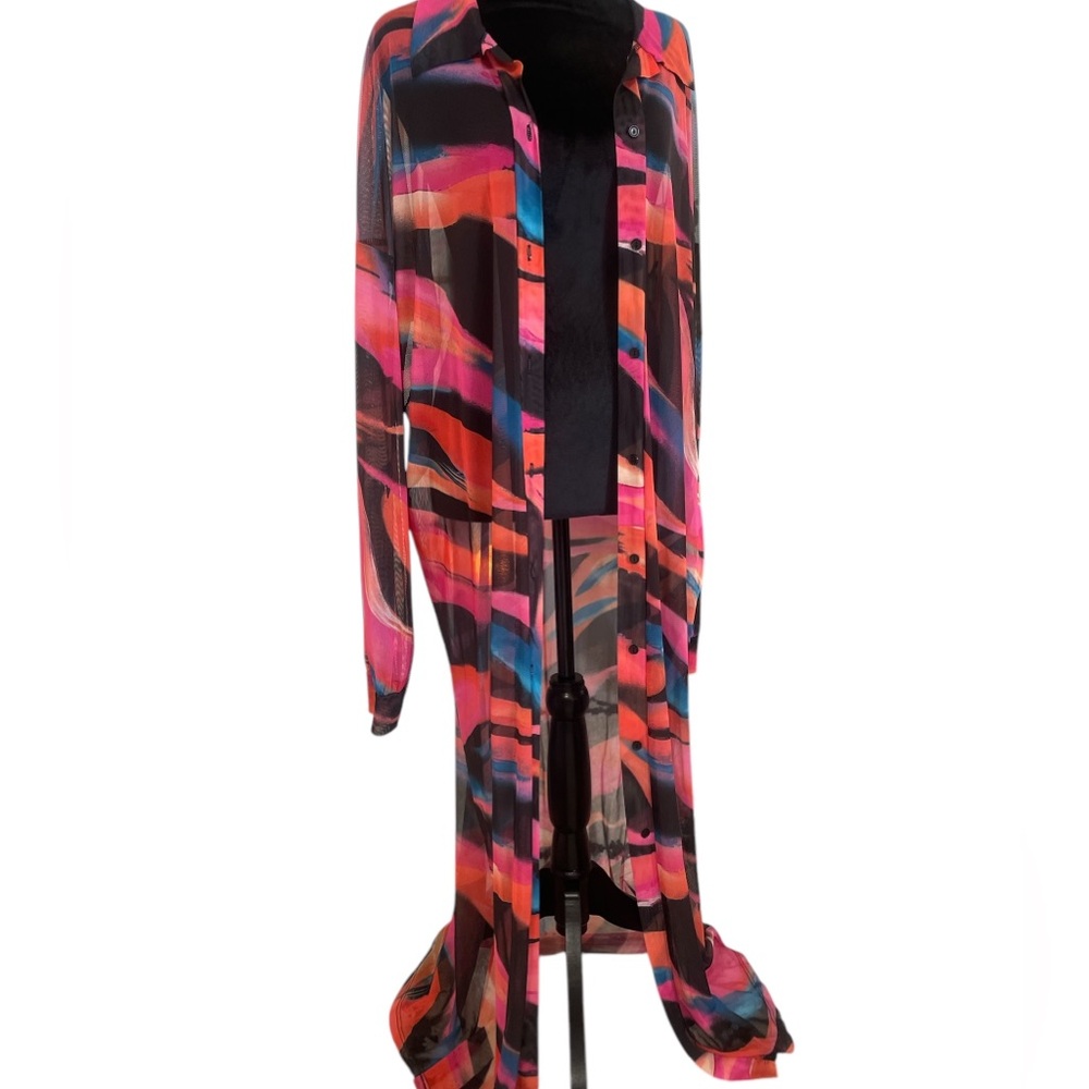 Multi colored Colorful Long Sheer Button-Up Shirt,Dress,Top,Bathing suit cover - Picture 10 of 10